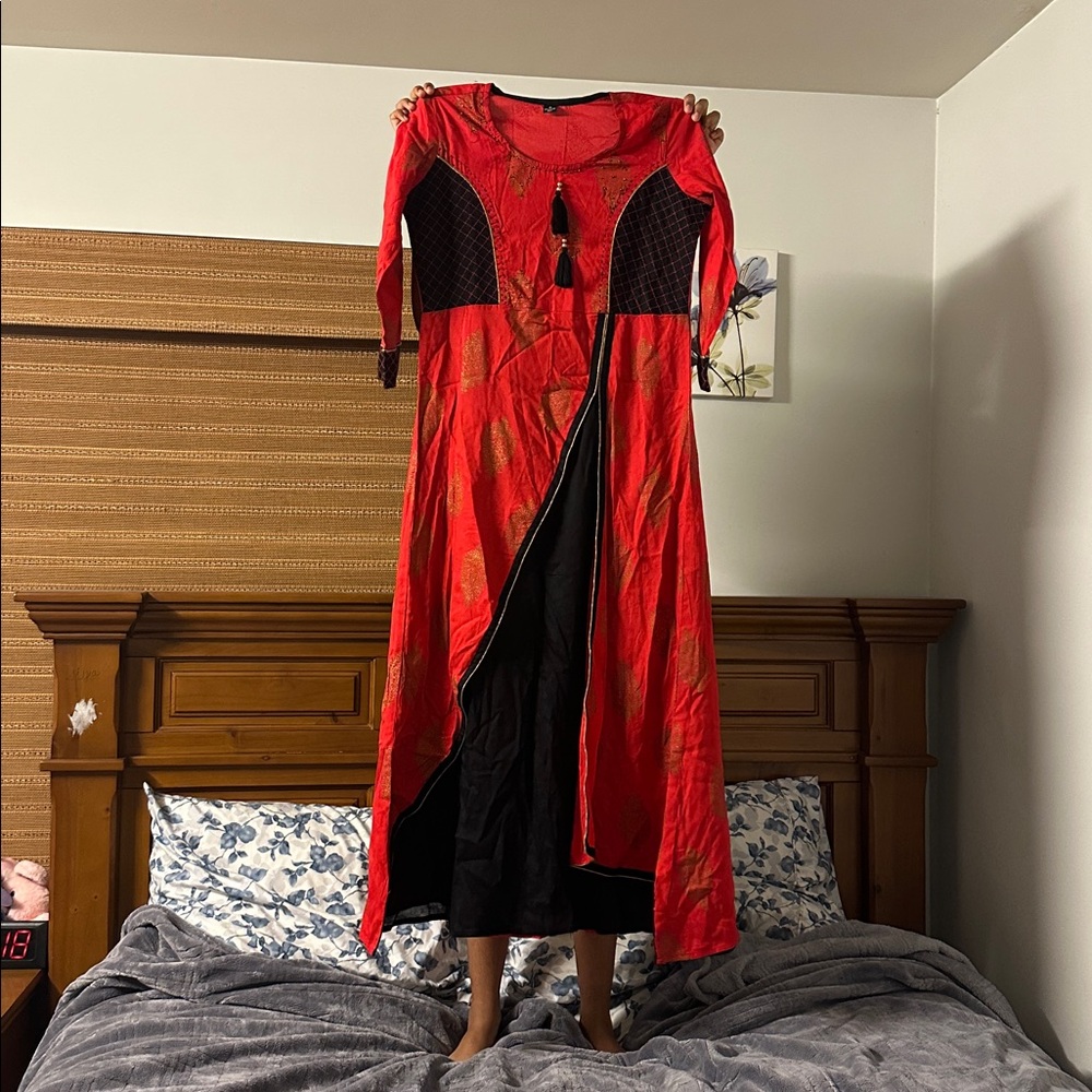 Vibrant Red and Black Long Kurti from India
